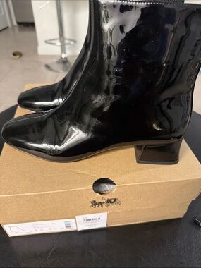 Black Patent Coach Ankle Boots - Women's Stylish Block Heel
